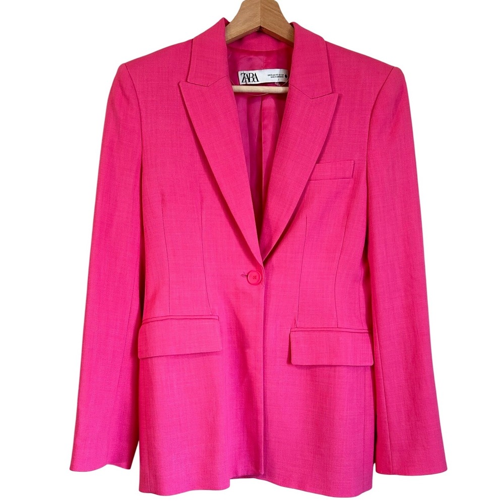 ZARA Women Blazer Jacket Bubble Pink Single Button Lapel Collar Pockets Size XS